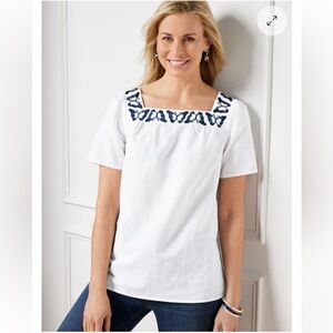 Talbots‎ BUTTERFLY EMBROIDERED LINEN COTTON SQUARE NECK TOP. Medium.